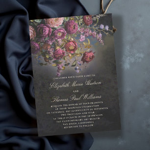Invitación Boda Floral Negra Romántica y Oscura Burgundy