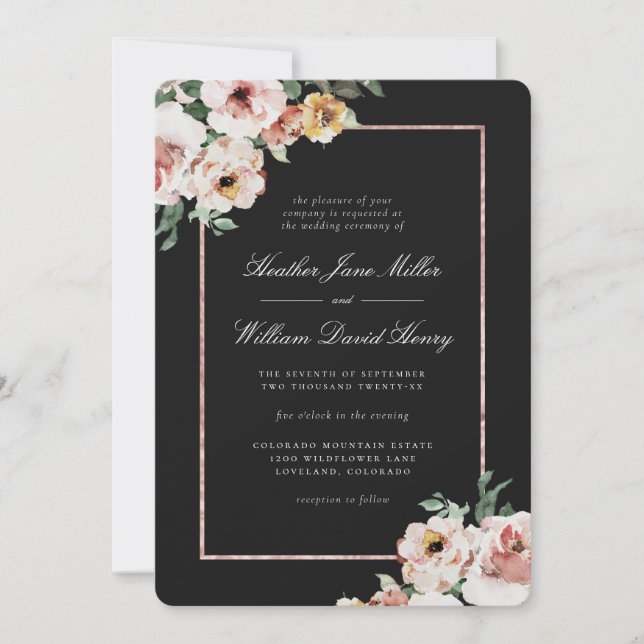 Invitación Boda floral negro (Anverso)