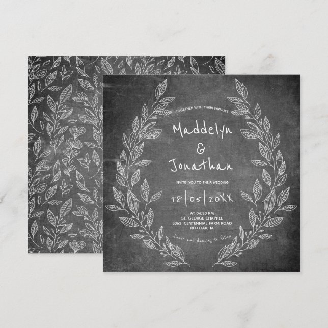 Invitación Boda Floral Negro Blanco Pizarra Rústica (Anverso / Reverso)