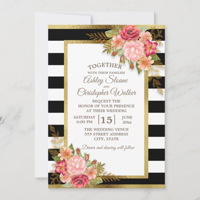 Invitación Boda Floral Negro Blanco Rosa Rojo Oro (Anverso)