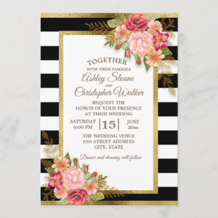 Invitación Boda Floral Negro Blanco Rosa Rojo Oro