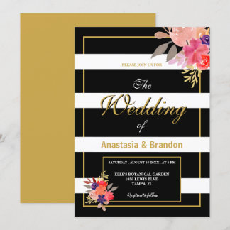 Invitación Boda floral negro, blanco y dorado
