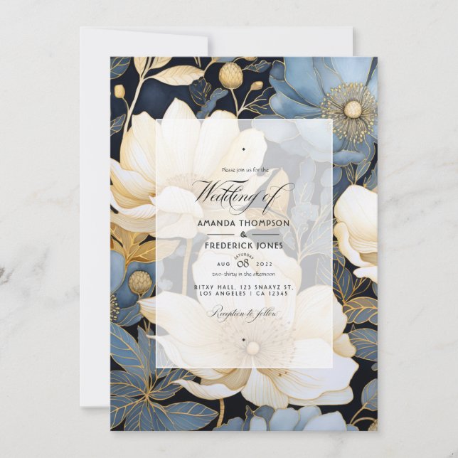 Invitación Boda floral negro, blanco y dorado (Anverso)