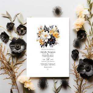 Invitación Boda floral negro, blanco y dorado