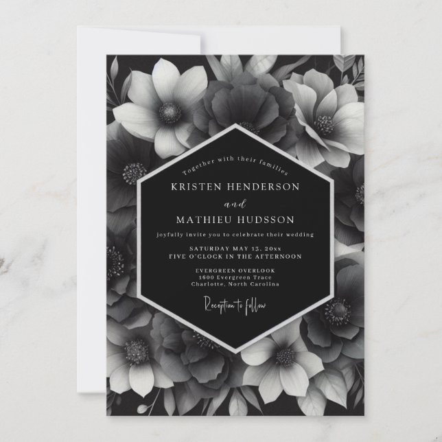 Invitación Boda Floral Negro Carbón (Anverso)