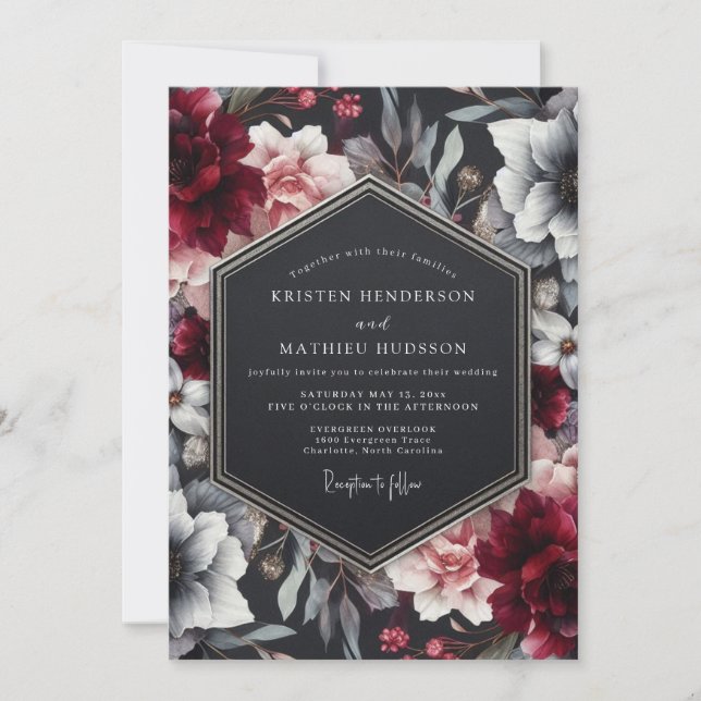 Invitación Boda floral negro de Borgoña (Anverso)