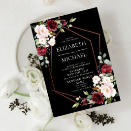 Invitación Boda Floral Negro de Borgoña Geométrica de Cobre