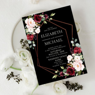 Invitación Boda Floral Negro de Borgoña Geométrica de Cobre