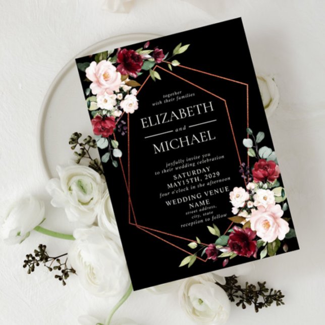 Invitación Boda Floral Negro de Borgoña Geométrica de Cobre (Subido por el creador)