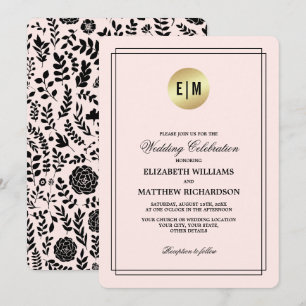 Invitación Boda floral negro de oro rosado Rubor