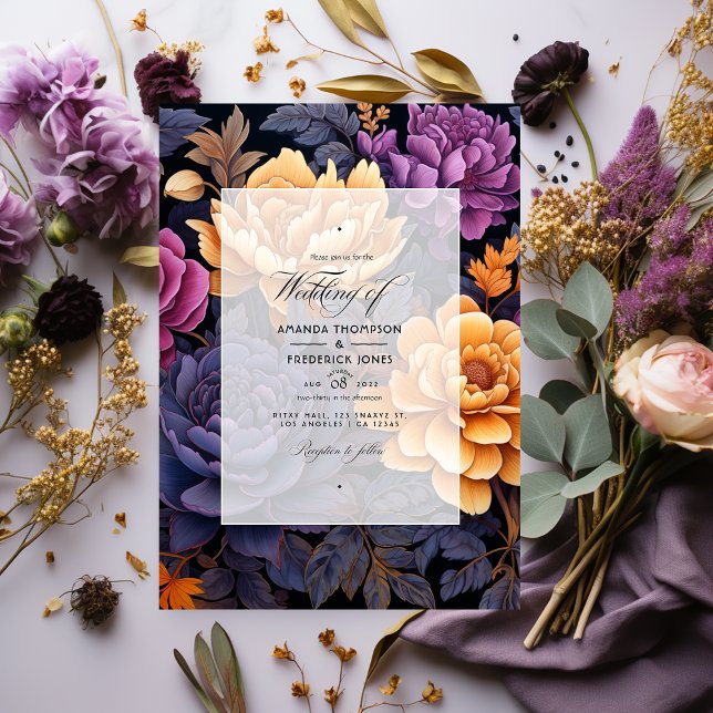 Invitación Boda floral negro, dorado y morado oscuro (Subido por el creador)