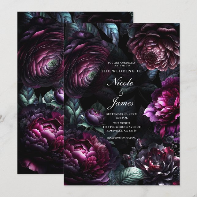 Invitación Boda floral negro encantado con flor en negrita (Anverso / Reverso)