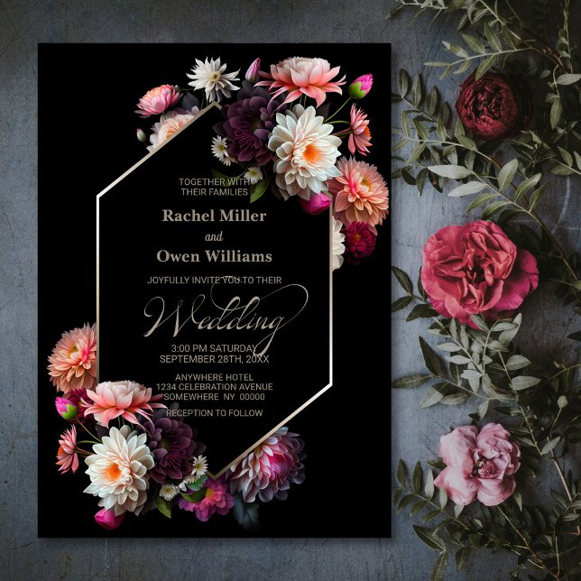 Invitación Boda floral negro geométrico Moody (Subido por el creador)