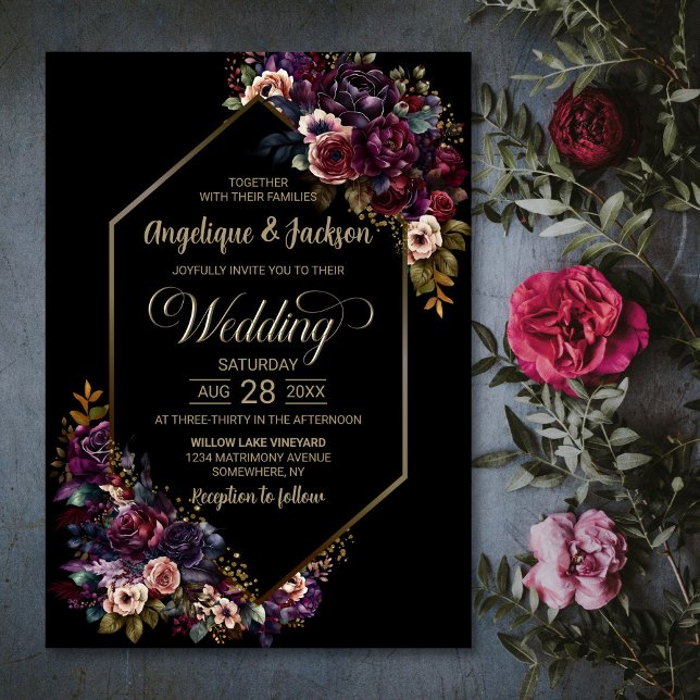 Invitación Boda floral negro morado moderno de Borgoña (Subido por el creador)