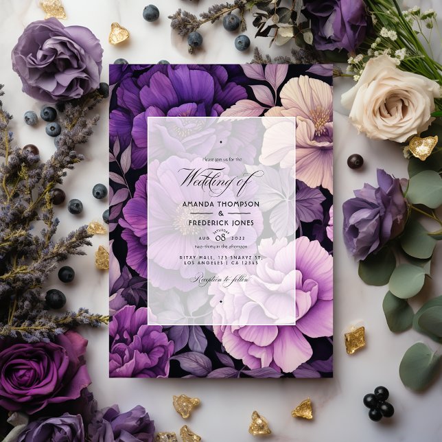 Invitación Boda floral negro, plateado y morado oscuro (Subido por el creador)