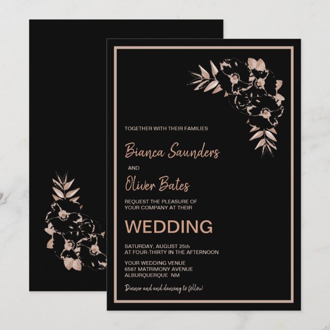 Invitación Boda floral negro rosa Rubor (Anverso / Reverso)