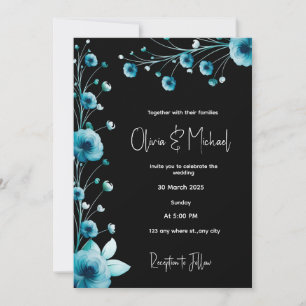 Invitación Boda floral negro y azul moderno