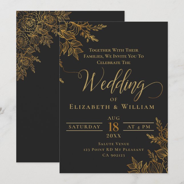 Invitación Boda floral negro y dorado (Anverso / Reverso)