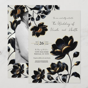 Invitación Boda Floral Negro y Dorado Beige Claro