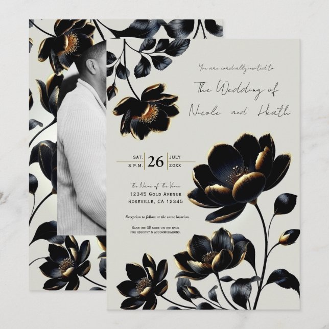 Invitación Boda Floral Negro y Dorado Beige Claro (Anverso / Reverso)