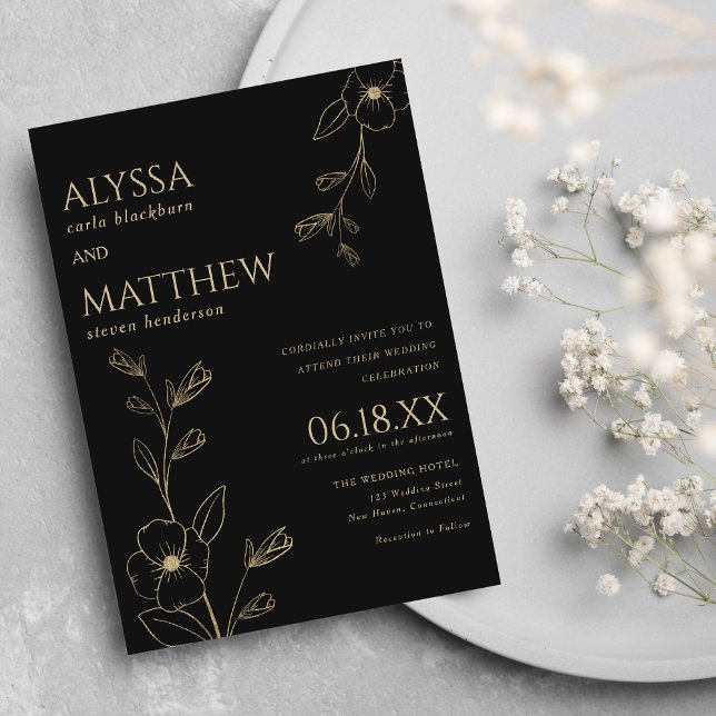 Invitación Boda floral negro y dorado elegante y sencillo (Simple elegant black and gold floral wedding invitation )