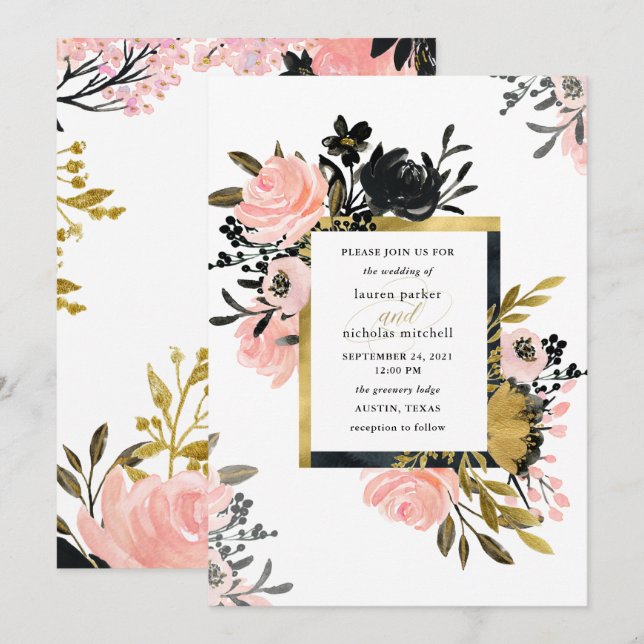 Invitación Boda floral negro y rosa Rubor (Anverso / Reverso)