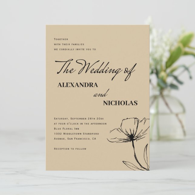 Invitación Boda floral neutra marrón moderno (Anverso de pie)