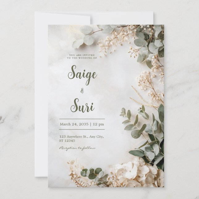 Invitación Boda floral Neutral Eucalyptus (Anverso)