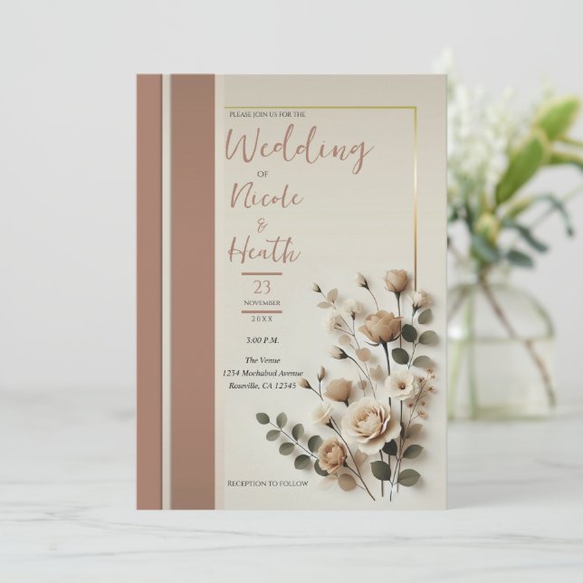 Invitación Boda floral neutral mousse de mocha (Anverso de pie)