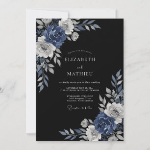 Invitación Boda floral nocturna azul marino