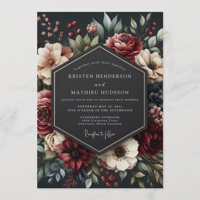Invitación Boda Floral Nocturna Borgoña (Anverso)