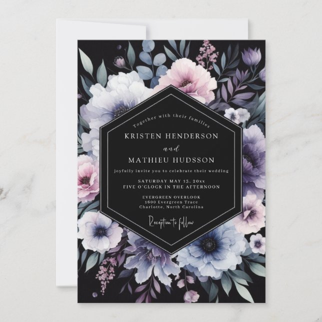 Invitación Boda Floral Nocturna de Periwinkle (Anverso)