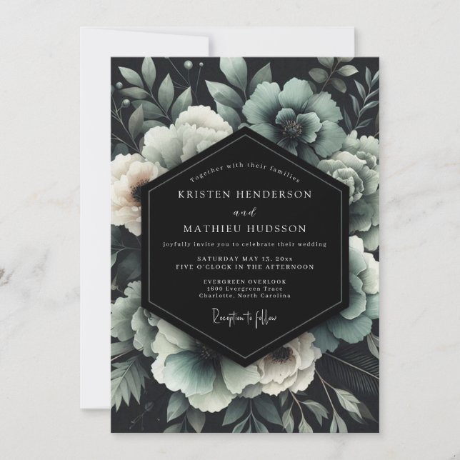 Invitación Boda floral noir azul verdoso (Anverso)