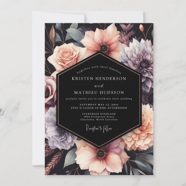 Invitación Boda floral noir con rubor (Anverso)