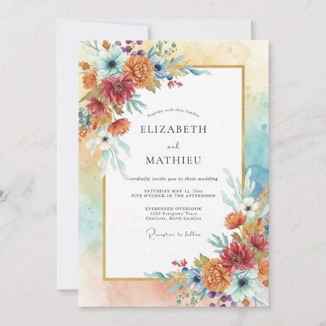 Invitación Boda Floral Ocre Pintoresca (Anverso)