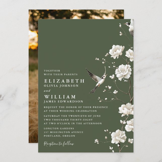Invitación Boda floral Olive Green Chinoiserie (Anverso / Reverso)