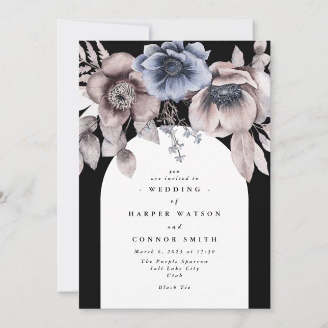 Invitación Boda floral Onyx de invierno de Black Arch Eventio (Anverso)