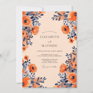 Invitación Boda floral opulenta de albaricoque y azul marino
