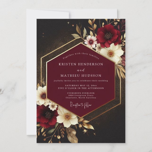 Invitación Boda floral opulenta de Borgoña (Anverso)