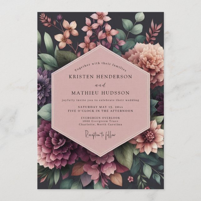 Invitación Boda floral opulenta de ciruela (Anverso)