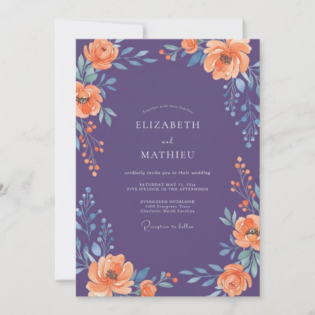 Invitación Boda floral opulenta púrpura (Anverso)