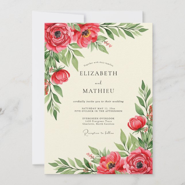 Invitación Boda floral opulenta roja (Anverso)