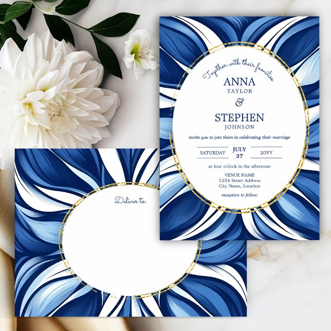 Invitación Boda Floral Orgánica Blue Bliss (Blue bliss organic floral invitation front and envelope front.)