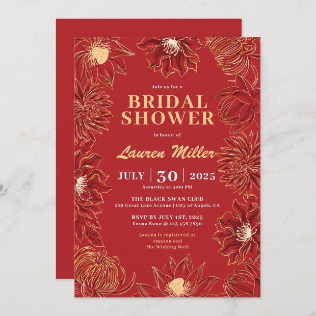 Invitación Boda floral oriental de flor de Lotus rojo (Anverso / Reverso)