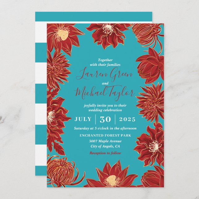 Invitación Boda floral oriental de la flor roja turquesa (Anverso / Reverso)