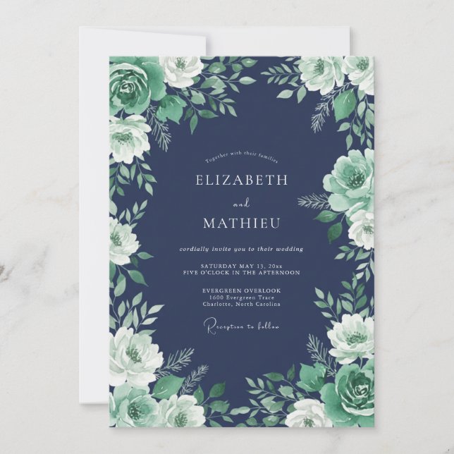 Invitación Boda floral ornamentada de azul marino (Anverso)