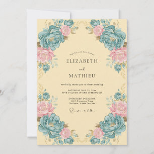 Invitación Boda floral ornamentada de color turquesa