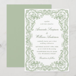 Invitación Boda Floral Ornata Renacentista Verde Salvia