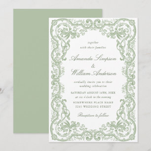 Invitación Boda Floral Ornata Renacentista Verde Salvia