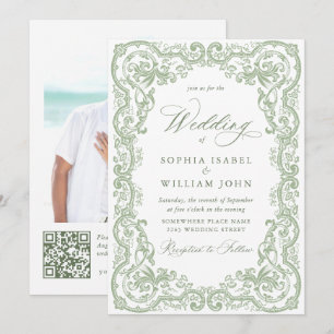 Invitación Boda Floral Ornata Renacentista Verde Salvia